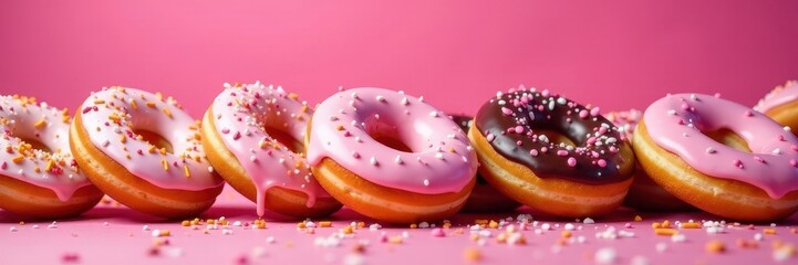 Glazed donuts cascade, sprinkles burst, dark pink backdrop, foodie, colorful, dessert