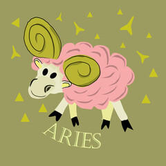 Vector illustration of zodiac signs. Aries sign. Aries, animal, horoscope. Hand drawing. Inscription: 