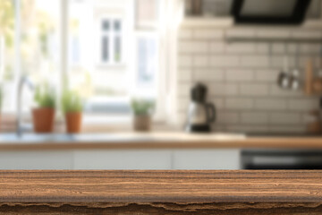 Empty dark wooden table in front of abstract blurred bokeh background of kitchen. Can be used for display or montage your products. Mock up for space.
