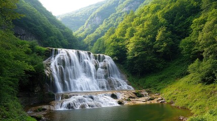 Naklejka premium Majestic Waterfall Cascades Down Lush Green Mountainside