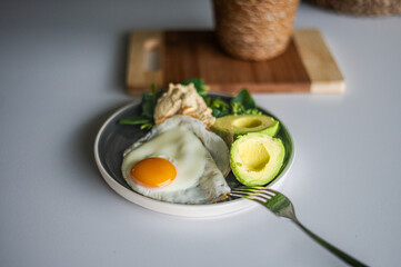 Close up of fresh cooked healthy organic Ayurvedic breakfast with farmer's fried egg, humus and organic herbs, avocado.