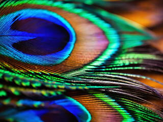 Fototapeta premium Vibrant and intricate details of a peacock feather showcasing stunning blue and green iridescence up close