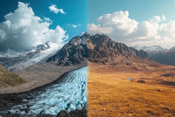 Contrasting landscape: melting glacier and arid desert, people discuss solutions