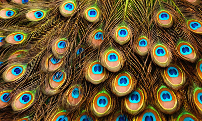 Obraz premium Vibrant peacock feathers display bright colors and intricate patterns under natural light in a serene environment