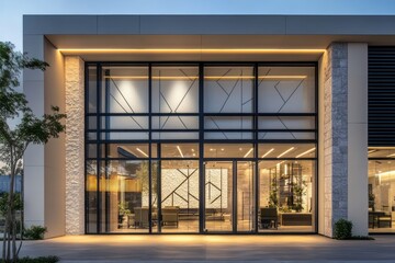 A modern retail facade with large glass windows, subtle stone accents, and geometric patterns in the design