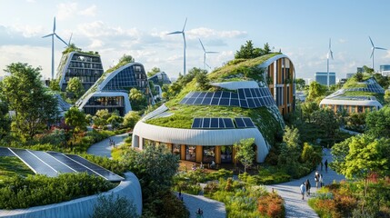 Fototapeta premium Eco-friendly city with green roofs, solar panels, wind turbines