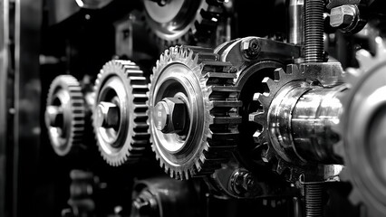 Black and white full image of metal gear parts rotating in a machine or equipment, mechanical parts