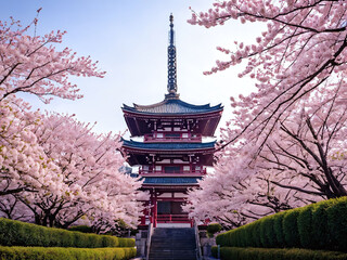 Cherry blossoms surround a traditional pagoda in a serene garden during springtime