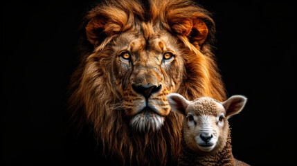Naklejka premium Majestic lion and gentle lamb stand together, symbolizing harmony and strength. Their contrasting features create powerful image of unity in nature