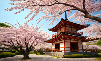 Fototapeta premium Cherry blossoms bloom near a traditional Japanese pagoda in a serene garden setting during spring