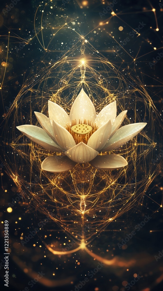 Poster lotus flower illuminated by golden light, surrounded by intricate patterns and sparkling particles, 