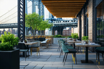 A stylish outdoor dining terrace with elegant tables and chairs, adorned with lush green plants. The space offers a stunning view of the Brooklyn Bridge, with warm sunlight enhancing the modern yet co