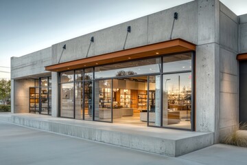 A modern retail space with smooth concrete finishes, frameless glass windows, and subtle metal frames
