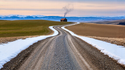 Winding road leading to a cozy cabin in snowy landscape