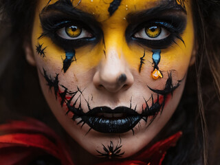 Dramatic portrayal of a character with vivid face paint and striking eyes during a Halloween event in an urban setting