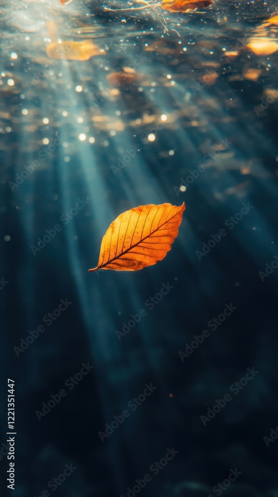 Poster floating autumn leaf underwater illuminated by sun rays, creating a serene and tranquil atmosphere w