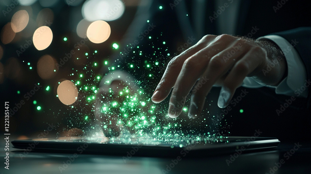 Poster glowing green particles emitting from tablet screen close up hands interaction bokeh background