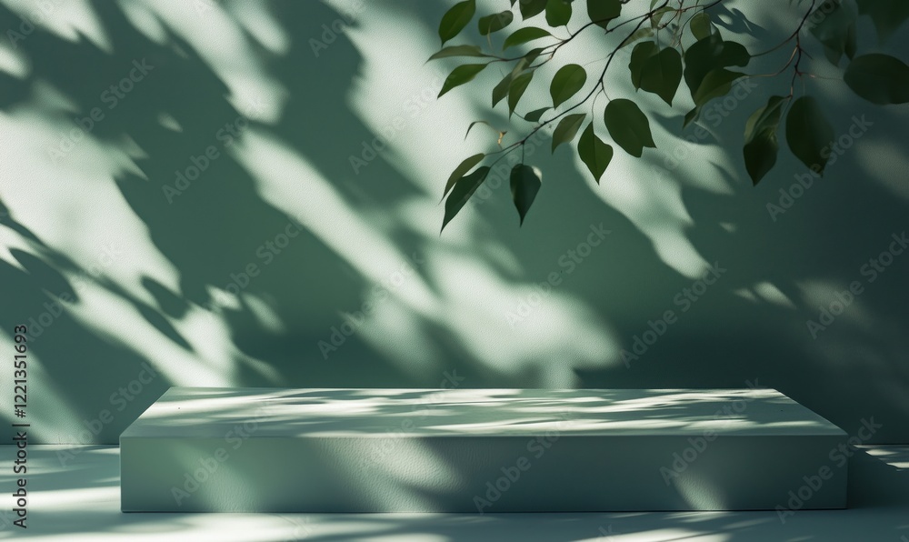 Poster minimalist display platform with soft green background and natural leaf shadows creating a serene at
