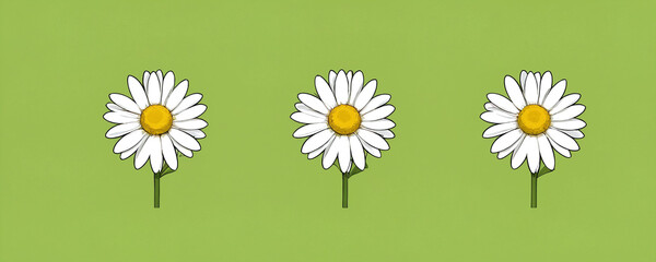 Flower arrangement with three daisies set against a bright green background in a simple and cheerful design