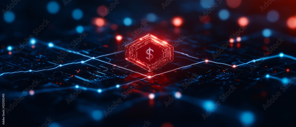 Poster futuristic digital wallet interface with glowing elements and currency symbol