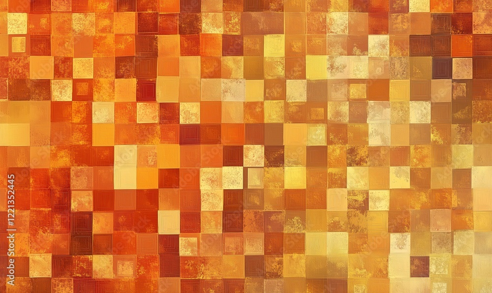 Poster vibrant orange and yellow mosaic pattern with textured squares creating a warm, abstract background