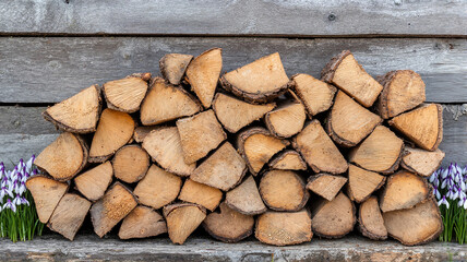 Stacked firewood with blooming purple crocus flowers