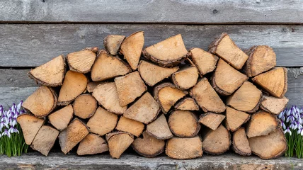 Fototapete Rund Stacked firewood with blooming purple crocus flowers © WIKKI.White