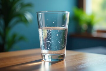 Glass filled with clear water on a table surface, water, clear