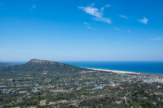 Elevated coastal view from Filerimos Monastery hill towards the airport