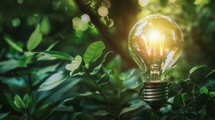 Light Bulb Emits Soft Green Glow Among Lush Foliage, Representing Energy Efficiency and Sustainability Initiatives in Nature