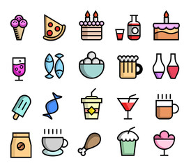 A collection of food and drink icons, including pizza, cake, and drinks like beer and wine