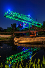 Illuminated part of the ruin of steelmill in the Landschaftspark Duisburg-Nord
