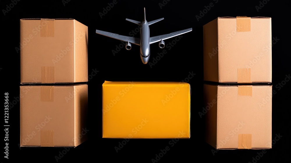 Poster global delivery: a miniature airplane soars above a stack of cardboard boxes, symbolizing the swift 