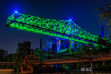 Illuminated part of the ruin of steelmill in the Landschaftspark Duisburg-Nord