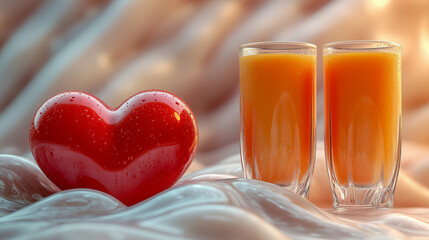 Red heart and two glasses of orange beverage on a textured surface create a romantic setting for an intimate occasion