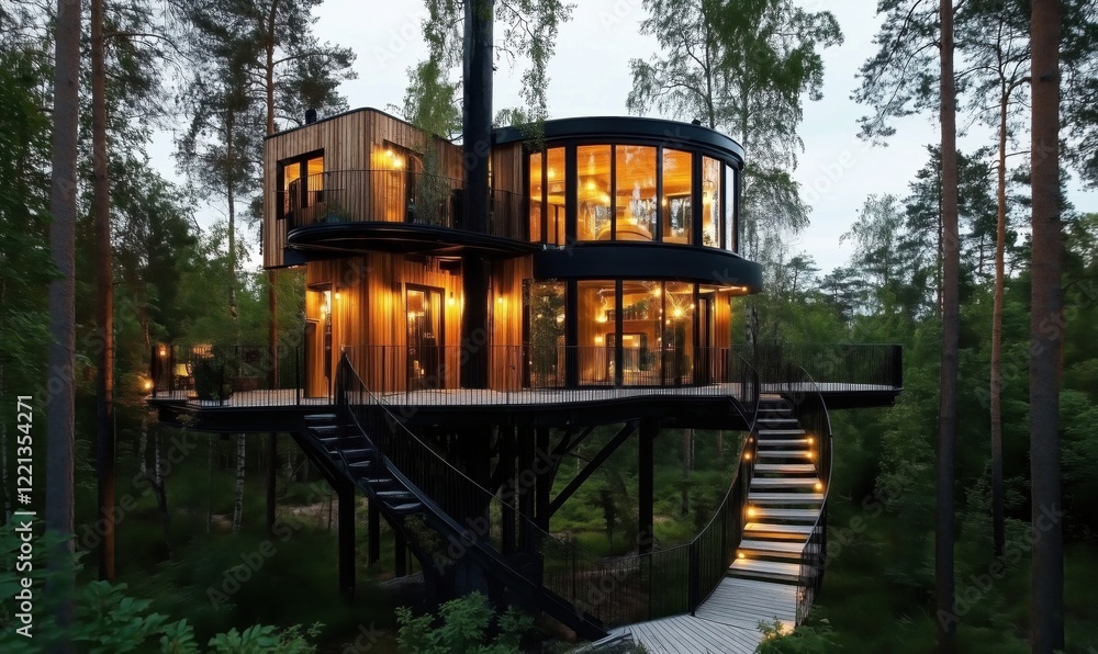 Aufkleber modern treehouse architecture with circular design, surrounded by lush forest, illuminated at dusk, 