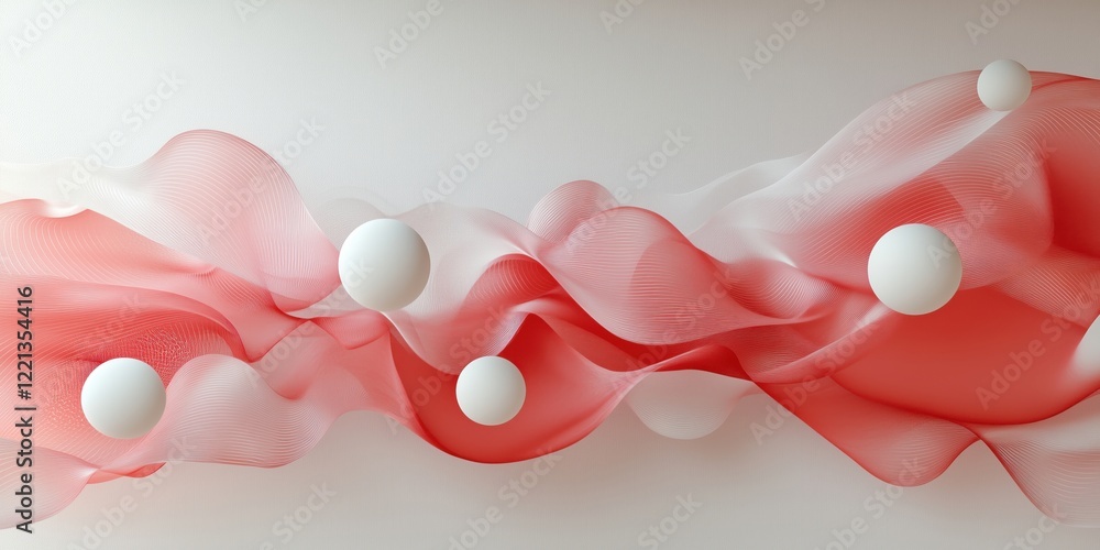 Poster abstract red and white wave pattern with floating spheres, showcasing fluid dynamics and modern desi