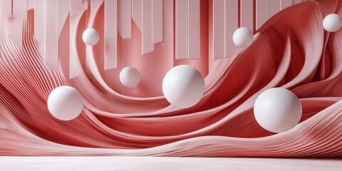 Abstract pink wave design with floating spheres and textured background, modern art installation, 3D rendering