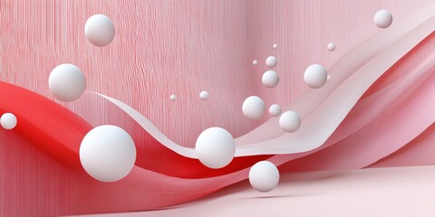 Abstract composition of flowing red and white waves with floating spheres, creating a dynamic and modern visual effect