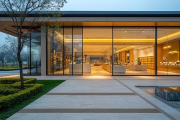A modern store with wide glass windows, smooth stone surfaces, and a clean entrance path
