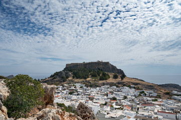 Expansive panorama view of Lindos, located on island of Rhodes