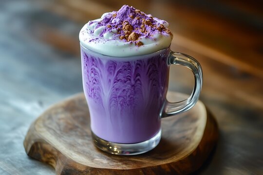 A beautiful purple ube latte with a creamy, velvety foam and a sprinkle of ube powder.