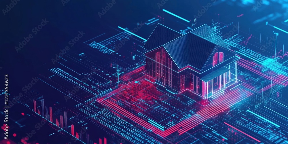Poster digital house model with glowing neon lines and data patterns representing smart home technology and