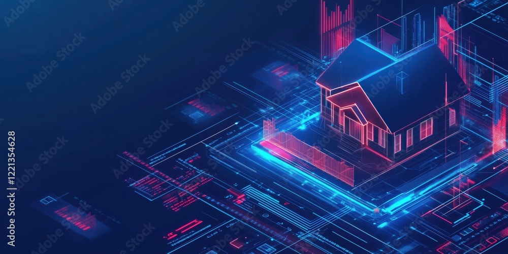 Poster digital house model with neon lights and data visualization, showcasing futuristic architecture and 
