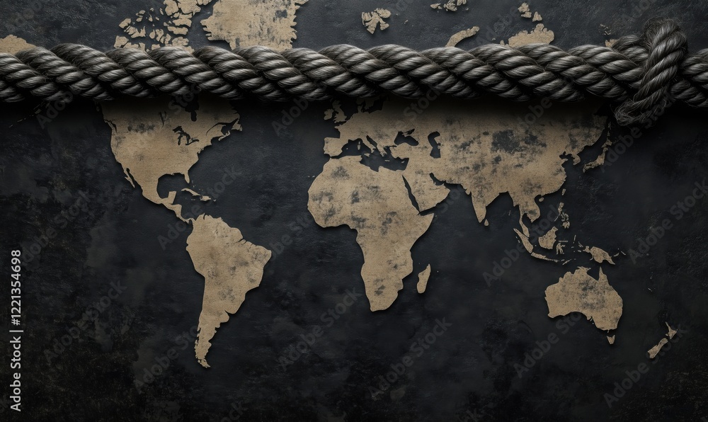 Poster world map with textured background and rope border, artistic representation of global connectivity a