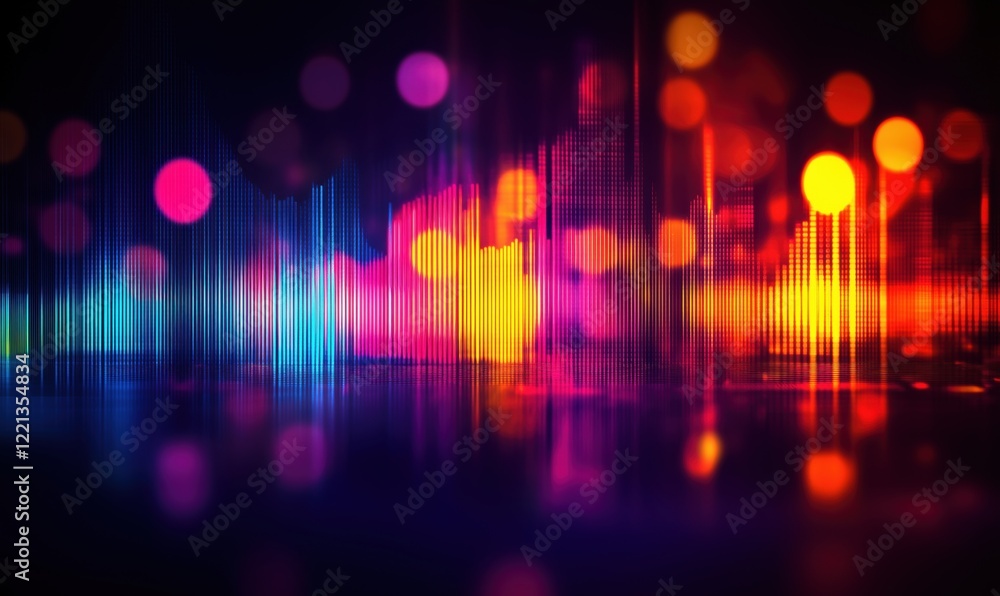 Poster vibrant sound wave visualization with colorful bokeh effects and abstract light patterns