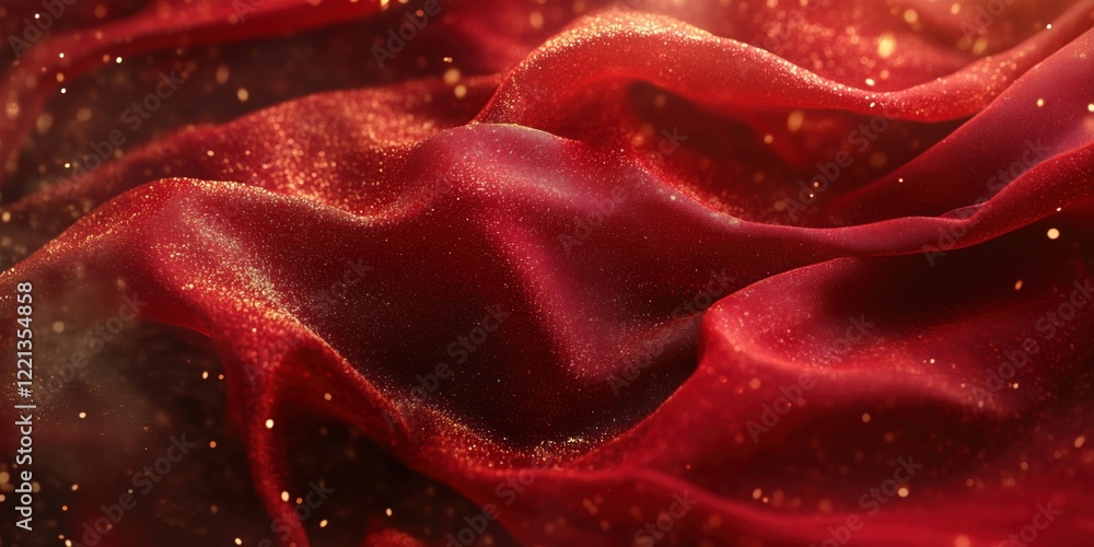 Poster red silk fabric with shimmering golden particles creating a luxurious and elegant texture, perfect f