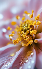 a close up of a pink flower with water droplets