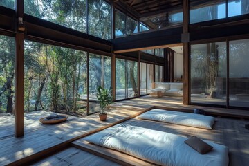 Japanese Interior with sliding partitions, tatami, low furniture and natural materials