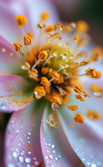 a close up of a pink flower with water droplets